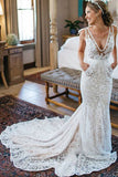 Elegant White V-Neck Backless Mermaid Lace Long Wedding Dress With Train, SW208