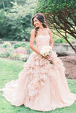 Blush Pink Organza Ruffle Strapless Ball Gown Wedding Dresses, SW209