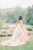 Blush Pink Organza Ruffle Strapless Ball Gown Wedding Dresses, SW209