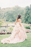 Blush Pink Organza Ruffle Strapless Ball Gown Wedding Dresses, SW209
