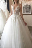 Elegant White A-line Lace Long Tulle Wedding Dress with Appliques, SW210