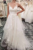 Gorgeous White Tulle A Line Spaghetti Straps V Neck Lace Wedding Dress, SW211