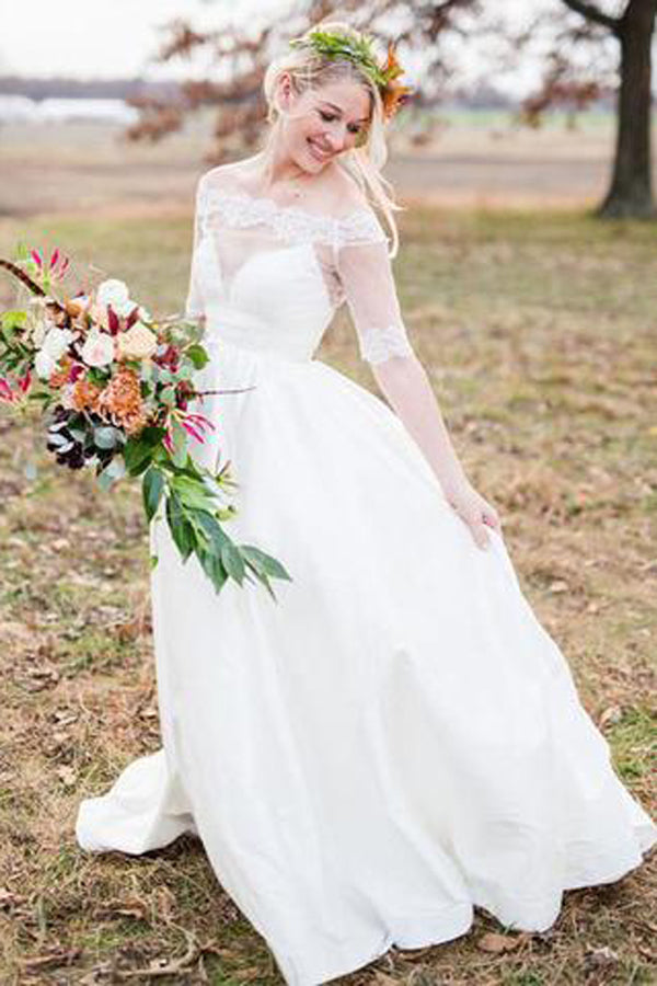 Elegant White Country Off the Shoulder Half Sleeve Beach Wedding Dress, SW214