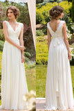 White Simple V-neck Floor-length Chiffon Lace Wedding Dresses Bridal Dress, SW218
