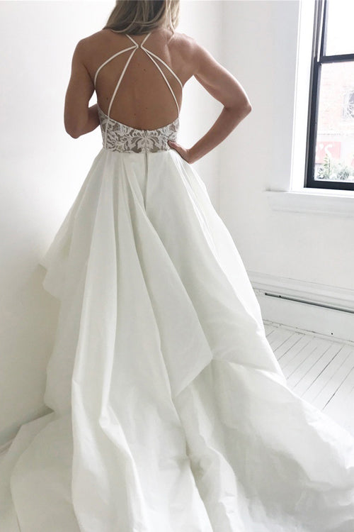 simidress.com offer Elegant Ivory Lace Top Straps Long Wedding Dresses with Sweep Train, SW219