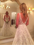 Simple A-line V Neck Lace  Backless Long Wedding Dresses Bridal Dress, SW221|simidress.com