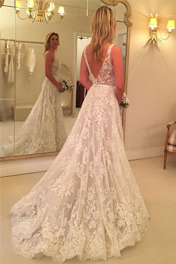 Simple A-line V Neck Lace  Backless Long Wedding Dresses Bridal Dress, SW221