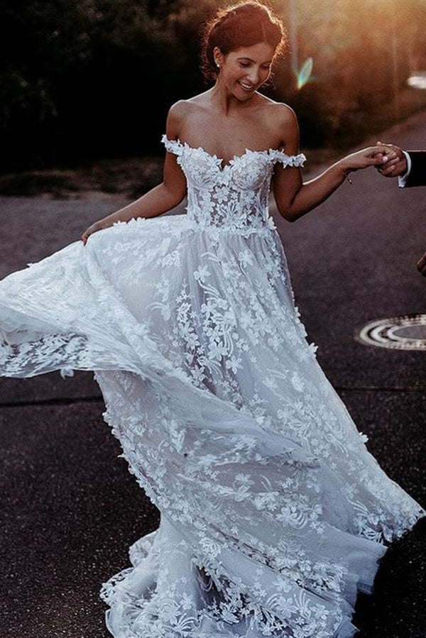 White Rustic Boho Off the Shoulder Lace Beach Wedding Dresses Bridal Dress, SW222