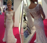 Elegant White Beaded Long Sleeve Mermaid Scoop Neck Wedding Dresses, SW225 at simidress.com