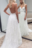 White Lace Backless A-Line Sweetheart Spaghetti Straps Wedding Dresses, SW226