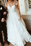 Gorgeous White Lace A-line Scoop Backless Long Wedding Dress with Appliques, SW227