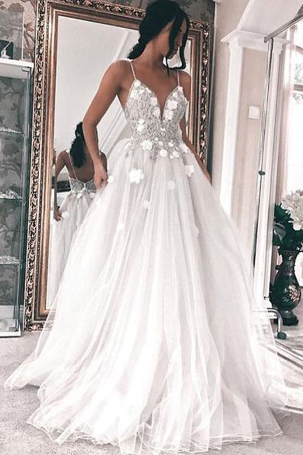 White Tulle A-line V-neck Spaghetti Straps Wedding Dresses with Appliques, SW229 Simidress White Tulle A-line V-neck Spaghetti Straps Wedding Dresses with Appliques, SW229 Simidress