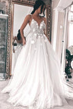 White Tulle A-line V-neck Spaghetti Straps Wedding Dresses with Appliques, SW229