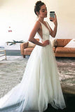 White Tulle A-line V-neck Straps Sleeveless Wedding Dresses with Train, SW230