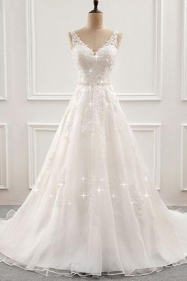 White Romantic Open Back Sweep Train Wedding Dresses with Appliques, SW232