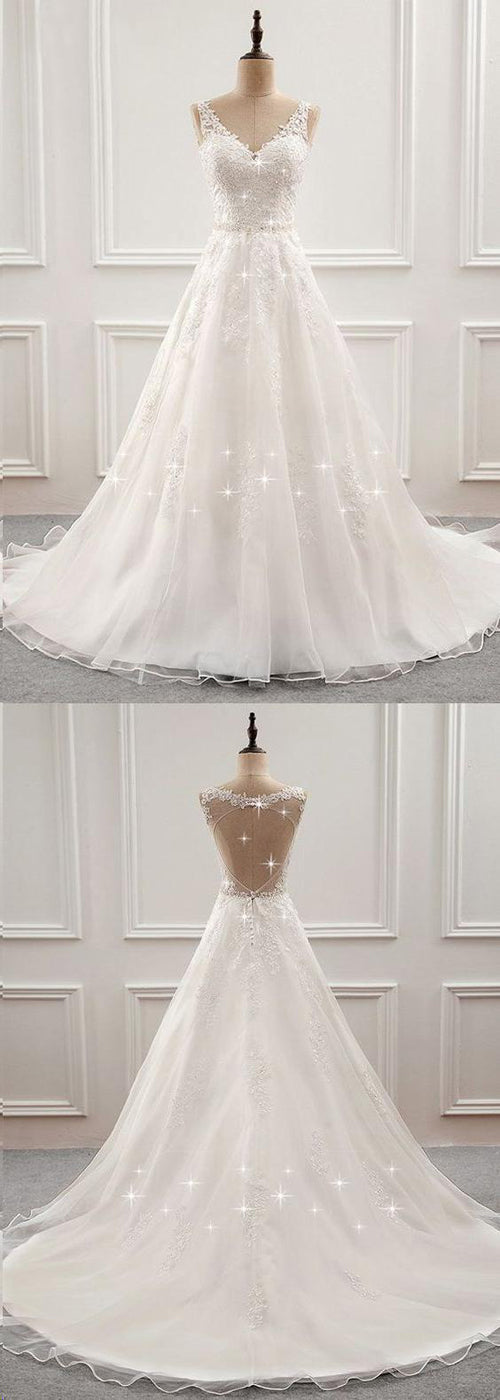 White Romantic Open Back Sweep Train Wedding Dresses with Appliques, SW232|simidress.com