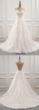 White Romantic Open Back Sweep Train Wedding Dresses with Appliques, SW232|simidress.com