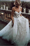 Gorgeous White A Line Sweetheart Tulle Wedding Dresses with Appliques, SW233