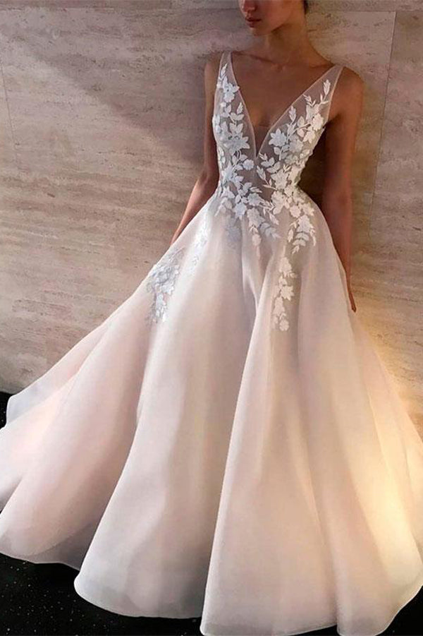 Simple White Lace V-neck A-line Long Wedding Dresses, Bridal Gown, SW234