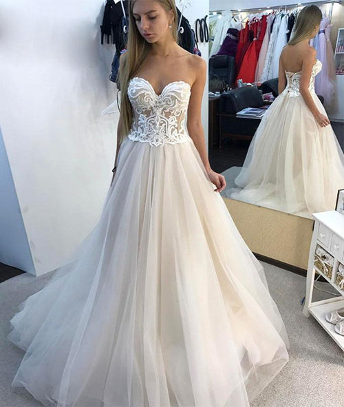 Gorgeous White A-line Sweetheart Tulle Lace Long Wedding Dresses, SW235