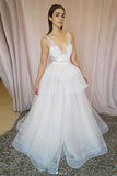 Cheap Lace White Tulle V-neck Long Wedding Dresses, Bridal Gown, SW236