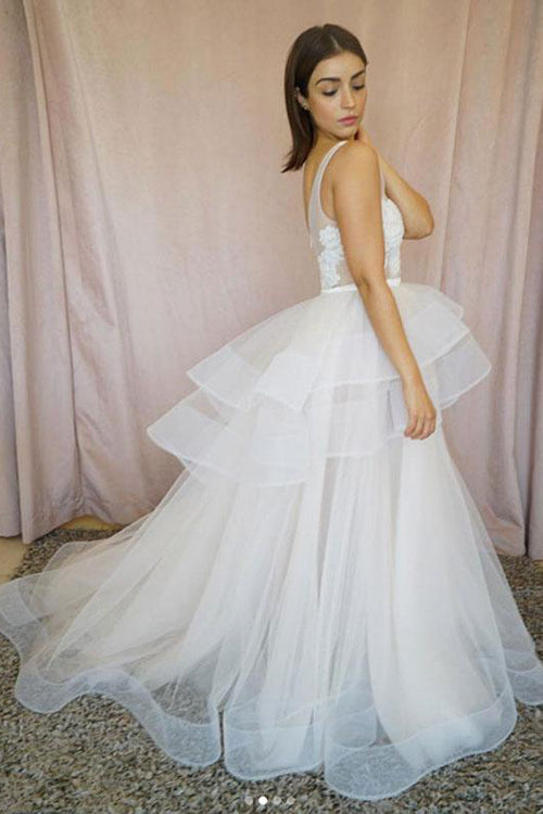 Simidress.com offer Cheap Lace White Tulle V-neck Long Wedding Dresses, Bridal Gown, SW236