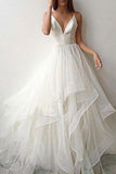 Popular White Tulle A-line V-neck Spaghetti Straps Long Wedding Dresses, SW237
