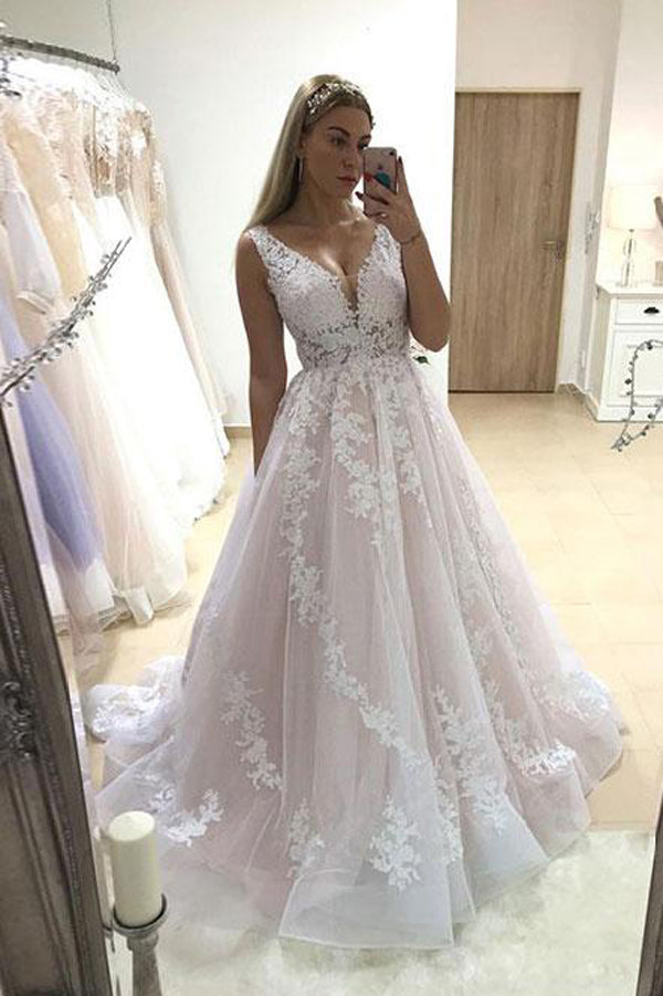 Charming Pink A-line Tulle V-neck Lace Long Wedding Dress with Appliques, SW239