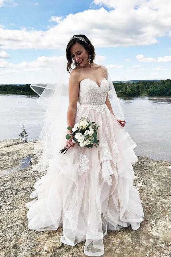 Gorgeous White Tulle Sweetheart A-line Wedding Dresses With Appliques, SW240