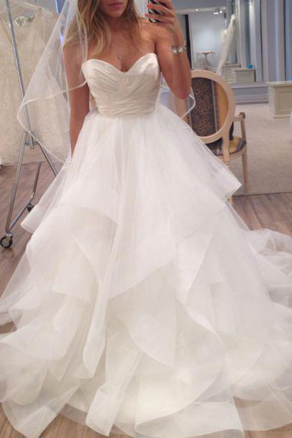 Charming Ivory Sweetheart A-line Strapless Tulle Long Beach Wedding Dresses, SW247