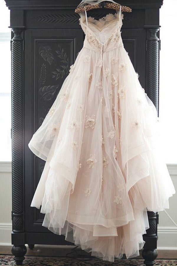 Fabulous Appliqued Tulle A-line Princess Wedding Dresses With Flowers, SW243