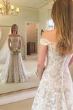 Fabulous White A Line Lace Off-the-shoulder Long Beach Wedding Dresses, SW244