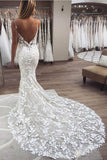 Vintage Mermaid Spaghetti Straps Lace Boho Wedding Dress With Appliques, SW245