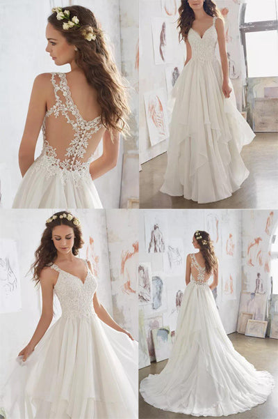 simidress.com offer White Illusion Chiffon Straps V-neck Beach Wedding Dress Cheap Bridal Dress, SW246