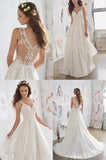 simidress.com offer White Illusion Chiffon Straps V-neck Beach Wedding Dress Cheap Bridal Dress, SW246