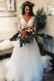 White Long Sleeve Tulle Lace V-neck Boho Rustic Beach Wedding Dresses, SW248