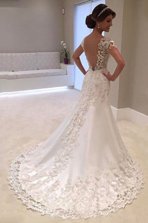 Gorgeous White Mermaid Lace Cap Sleeve Wedding Dress with Sweep Train, SW249