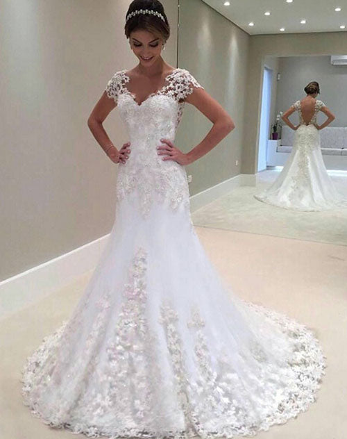 simidress.com offer Gorgeous White Mermaid Lace Cap Sleeve Wedding Dress with Sweep Train, SW249