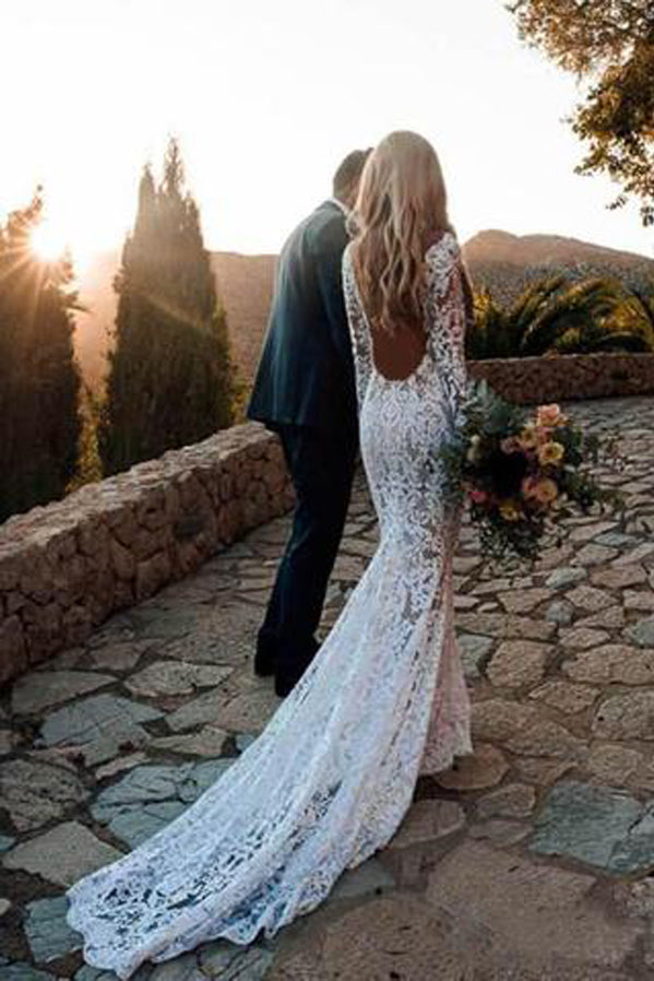 Gorgeous White Long Sleeve Lace V-neck Boho Beach Wedding Dresses, SW250
