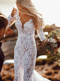 simidress.com offer Gorgeous White Long Sleeve Lace V-neck Boho Beach Wedding Dresses, SW250