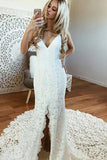 Charming Lace Backless Mermaid Spaghetti Straps Beach Wedding Dresses, SW251