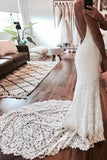 Charming Lace Backless Mermaid Spaghetti Straps Beach Wedding Dresses, SW251|simidress.com
