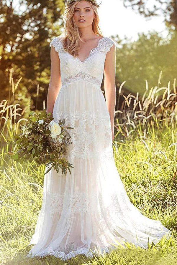 Gorgeous White Lace A-line V-neck Beach Wedding Dresses Bridal Gown, SW252