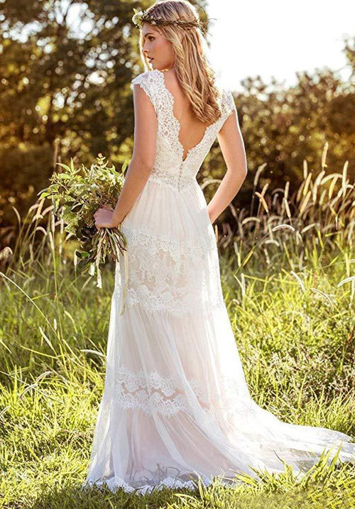 Gorgeous White Lace A-line V-neck Beach Wedding Dresses Bridal Gown, SW252|simidress.com