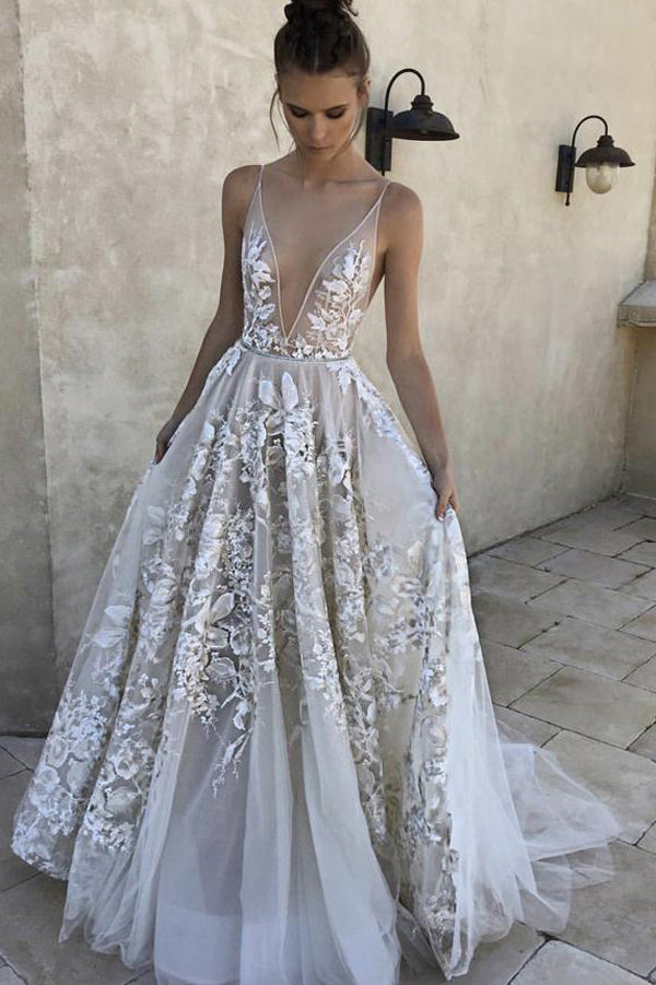 Charming Ivory Tulle A-line Deep V-neck Long Wedding Dress with Lace A Simidress Charming Ivory Tulle A-line Deep V-neck Long Wedding Dress with Lace A Simidress