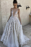 Charming Ivory Tulle A-line Deep V-neck Long Wedding Dress with Lace Appliques, SW253