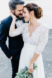 Gorgeous White See-through Backless Lace Chiffon 3/4 Sleeve Rustic Wedding Dress, SW254