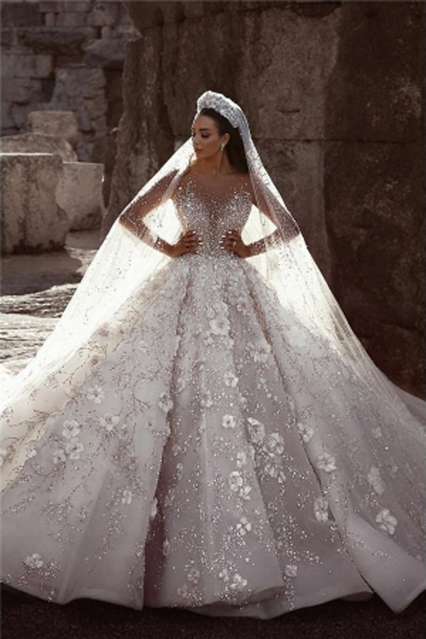 Luxurious Ball Gown Flowers Crystal Long Sleeve Wedding Dresses Bridal Simidress Luxurious Ball Gown Flowers Crystal Long Sleeve Wedding Dresses Bridal Simidress