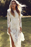 Gorgeous White Long Sleeve Backless Sheath Lace Summer Beach Wedding Dresses, SW256