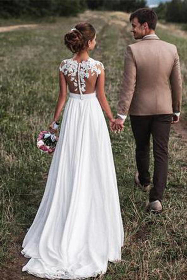 Chiffon Off White Cap Sleeves Lace Long Beach Wedding Dresses with